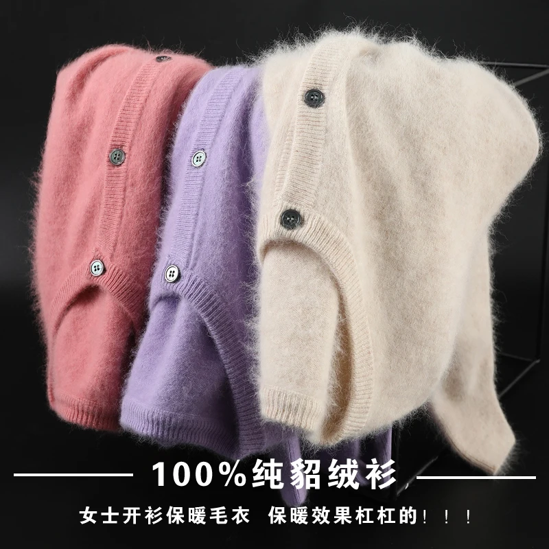 Cárdigan de talla grande para mujer, suéteres cálidos de Cachemira de visón puro, abrigo holgado con cuello redondo, suéter para mujer, chaqueta para mujer, cárdigans de punto sólidos
