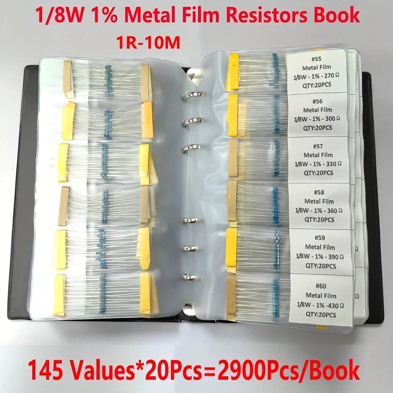 Juego de resistencias de película metálica, Kit surtido de libros, 2900 valores, 1/8W, 145 W, 0.125, 1-10M, 1% unidades por lote