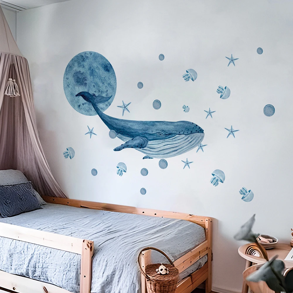 Calcomanías de pared de ballenas de acuarela grandes, pegatina de pared de animales de Medusa del océano, calcomanías temáticas bajo el mar, decoración para habitación de niños y guardería
