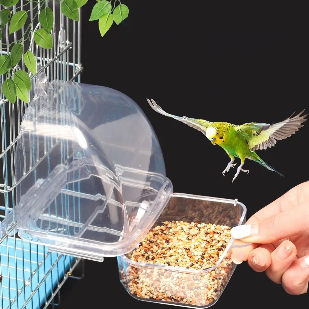 Alimentador de jaula para pájaros, caja de alimentación de plástico duradero transparente para loros, recipiente para alimentos de gran capacidad a prueba de salpicaduras para mascotas