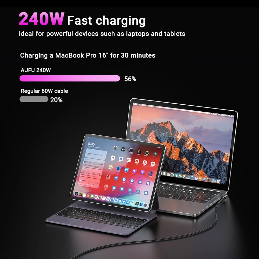 AUFU-Cable magnético tipo C de 240W, supercarga PD3.1 para MacBook, PC, Samsung, Xiaom, iPhone 5A, Cable cargador magnético de USB-C de carga rápida