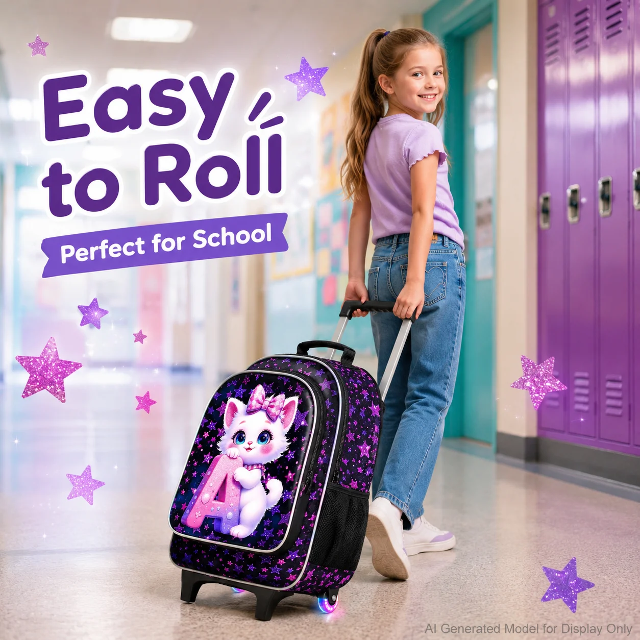 Juego de 3 mochilas con ruedas para niñas, mochila escolar con ruedas con diseño de gato y letra A, con bolso de mano y estuche para lápices