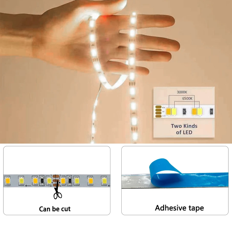 Tira de luces LED de doble Color 2835, CC de 5V, 12V, 24V, 120, 180, 240, 336 LED/M, 5MM, 8MM, 12MM de ancho, PCB, lámpara de barra CCT regulable CRI Flexible, 5M