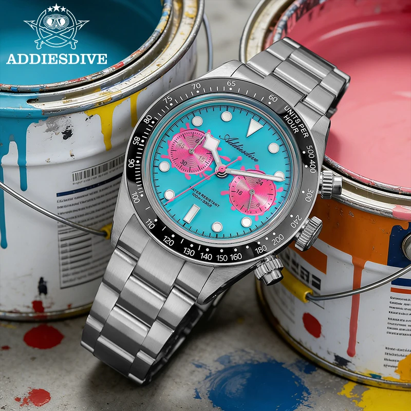 ADDIESDIVE 2026 Nuevo Reloj Cronógrafo de Lujo para Hombre VK64, Resistente al Agua 100m, Bisel de Cerámica, Luminoso BGW9, Reloj de Cuarzo de Acero 316L AD2520