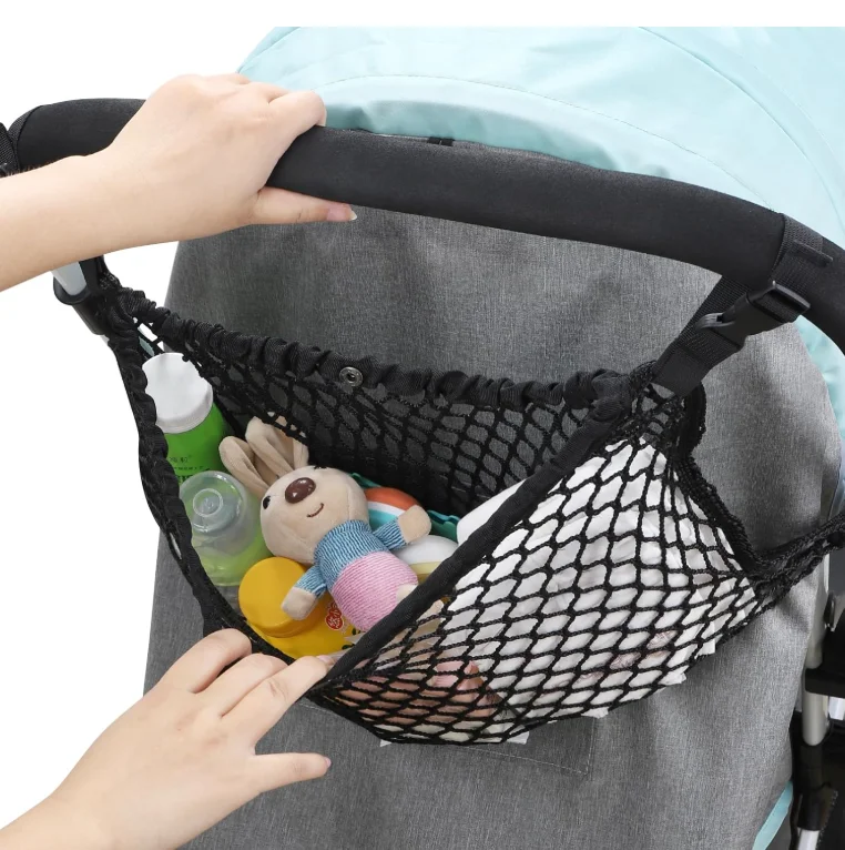 Bolsa de almacenamiento universal para cochecito de bebé, bolsa de malla de poliéster, adecuada para cochecitos, antideslizante y ajustable, accesorios para bolsa de almacenamiento de malla para cochecito, 1 pieza