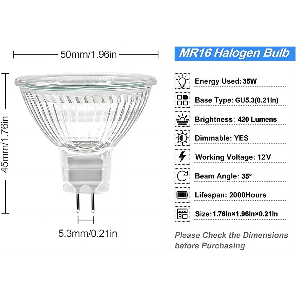 Lámpara de luz halógena Mr16 Gu5.3 12v 35w 50w con vidrio transparente