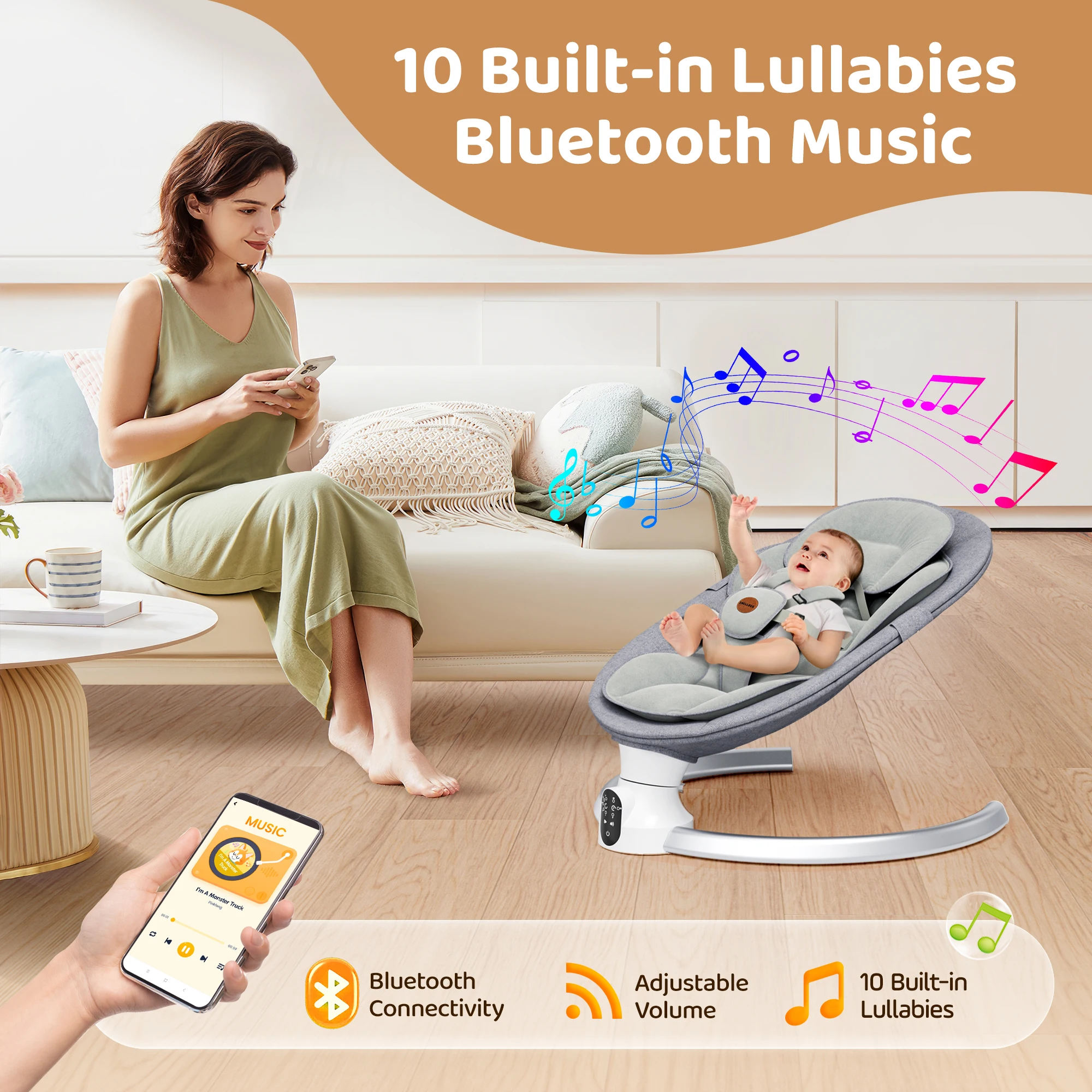 Cuna Eléctrica para Bebé, Silla Mecedora, Funciona con Batería, Smartphone o Conexión a la Red, 10 Melodías, con Cinturón de Seguridad de 5 Puntos, 0-6 Meses