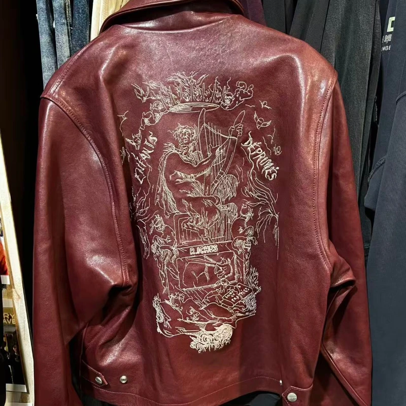 Chaqueta de cuero estampada bordada 2026ss, chaquetas de mujer informales holgadas de color Burdeos de alta calidad para hombre y mujer