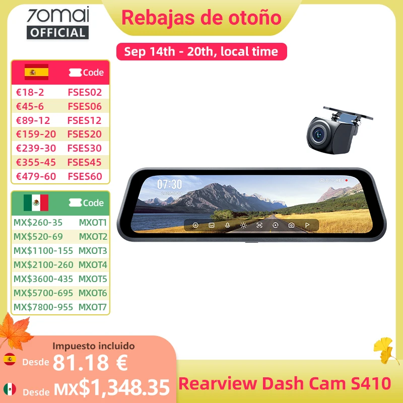 Cámara de Visión Trasera para Coche 70mai S410, Pantalla de Espejo de 9.35 Pulgadas, Delantera 2K, Trasera 1080P, Apertura F1.55, Supercondensador, Protección 24/7, 70mai S410