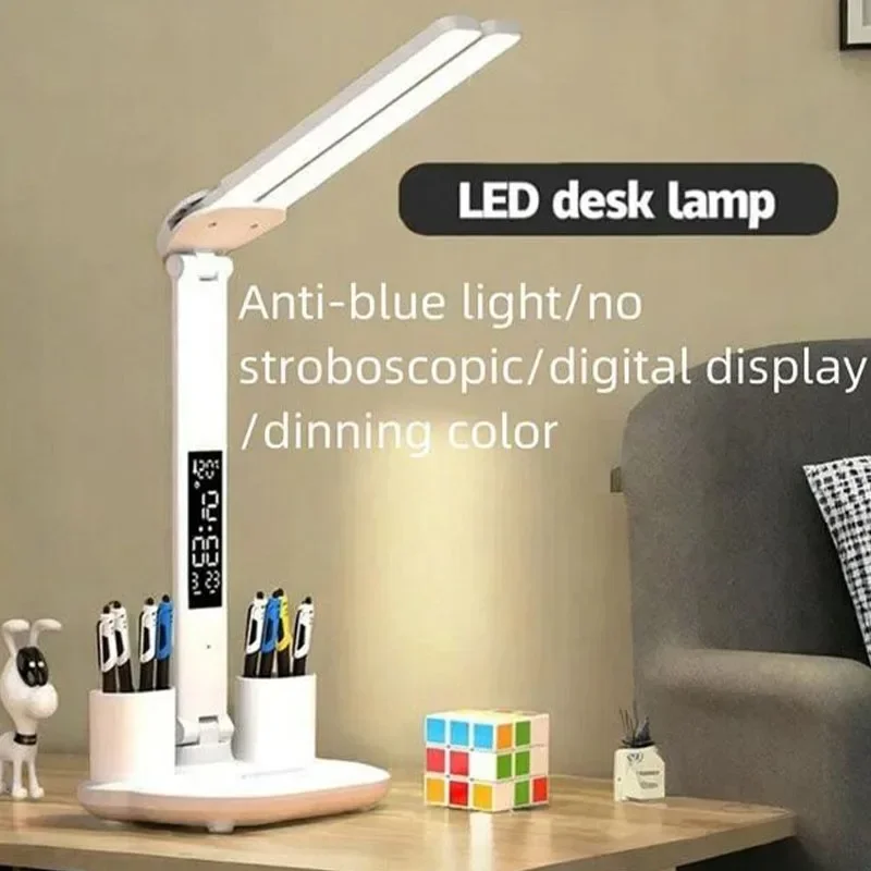 Lámpara de escritorio LED, lámpara de mesa plegable táctil regulable por USB con calendario, reloj de temperatura, luz nocturna para estudio, lámpara de lectura