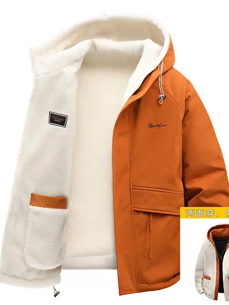 Tendencia de moda de invierno con forro polar grueso y chaqueta cálida con capucha para hombre, chaqueta deportiva holgada informal de talla grande de alta calidad