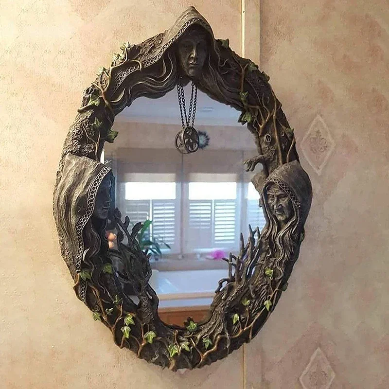 Luna sagrada celta Triple Diosa Madre Maiden Crone espejo colgante de pared con pentagrama amuleto colgante decoración de placa