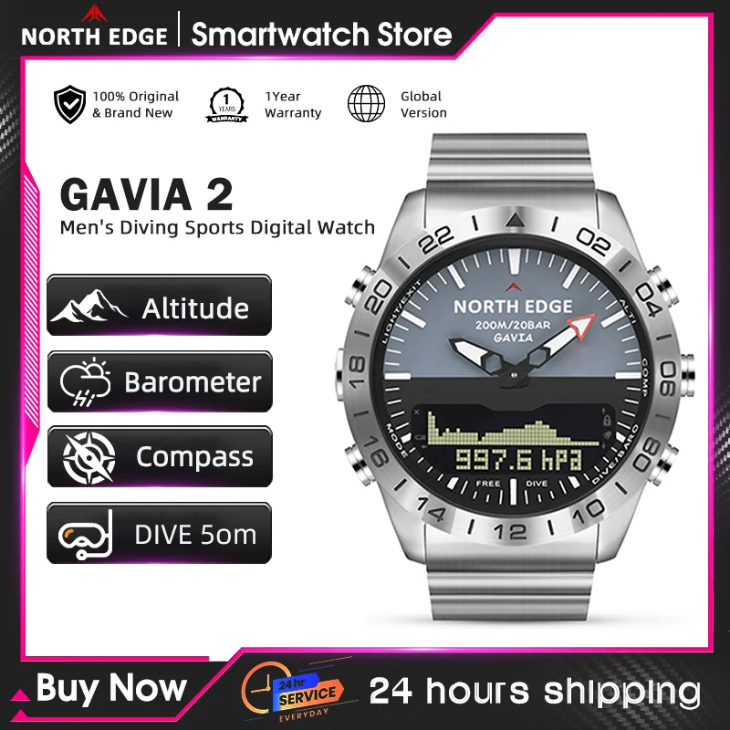 Reloj de buceo NORTH EDGE para hombre, reloj inteligente de lujo de acero completo para el ejército, brújula, altímetro, barómetro, reloj Digital resistente al agua 200m