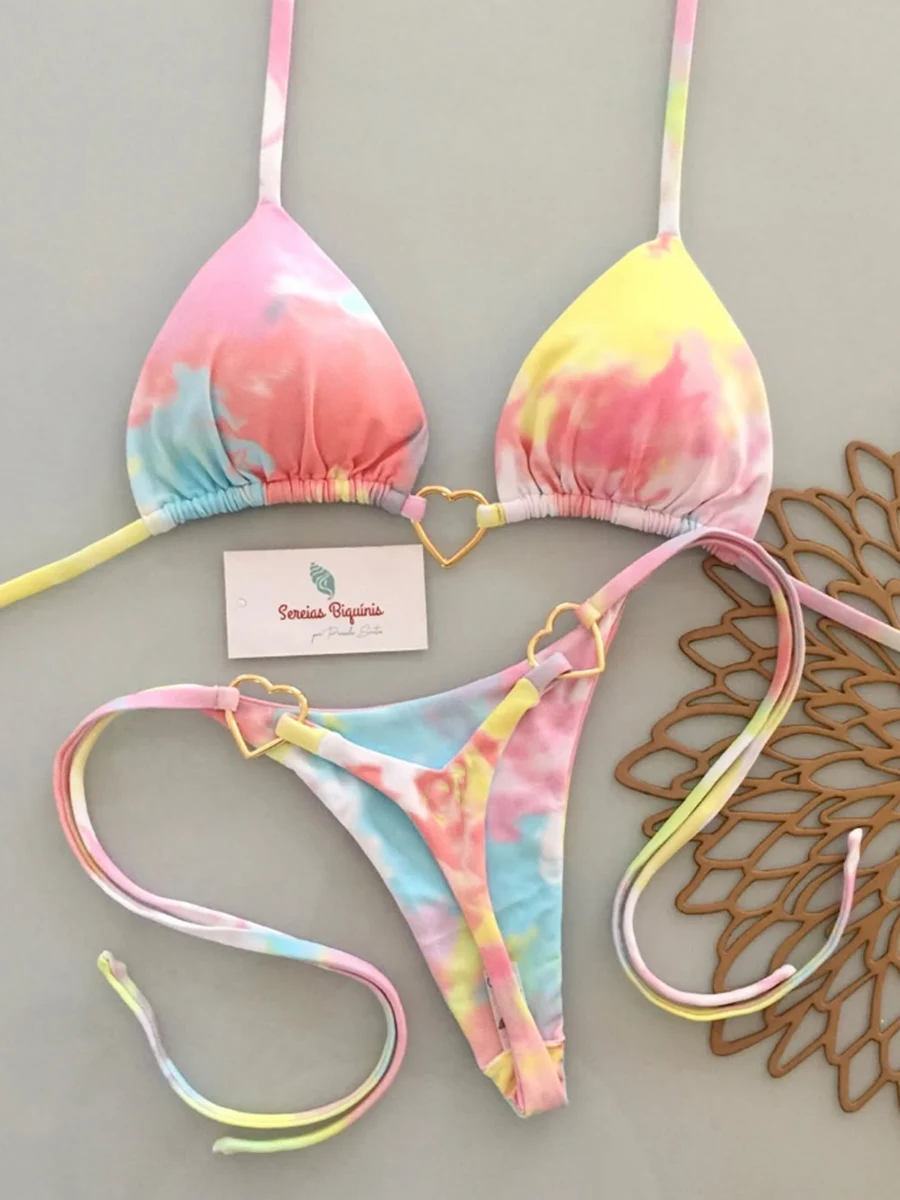 Microbikinis 2026 con realce para mujer, traje de baño con cordón, conjunto de Bikini brasileño, Bikini con cuello Halter, traje de baño Floral, ropa de playa unicolor