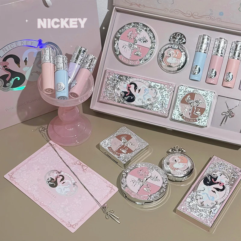 NICEKEY Sets de Maquillaje Multiusos que Incluyen 4 Labiales Líquidos, 1 Colorete, 1 Polvo Compacto, 1 Paleta de Sombras, 1 Paleta de Contorno con Collar de Regalo