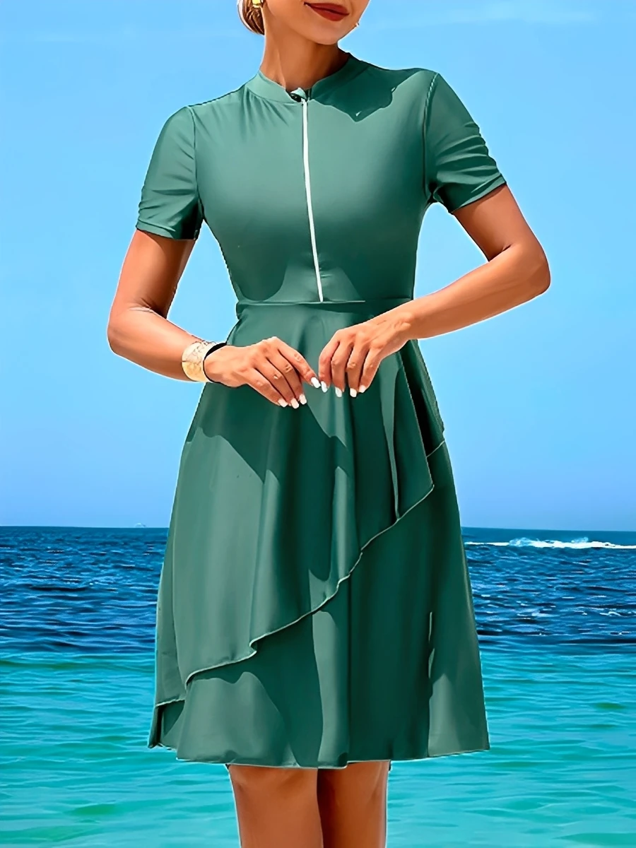 Traje de Baño de Dos Piezas con Cierre y Largo hasta la Rodilla para Mujer, Modelo 2026, Tankini, Vestido de Playa, Traje de Baño Sólido