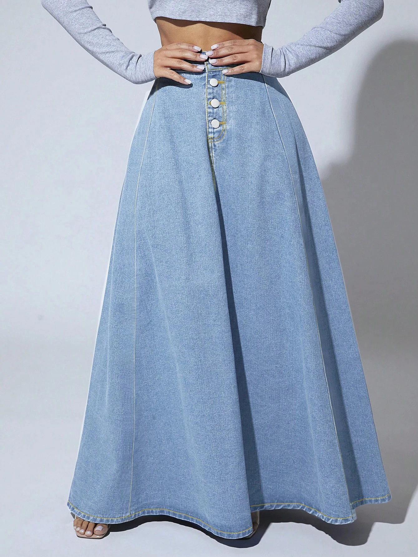 Falda vaquera maxi de mujer con botones delanteros, cintura alta, estilo vintage, línea A, larga, casual y acampanada