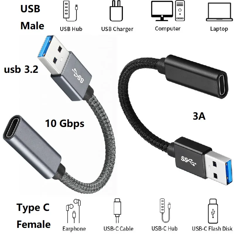 Adaptador USB C hembra a USB macho tipo C a USB A Cable de cargador conector USB-C a USB 3,2 convertidor de datos para Samsung Google Itel