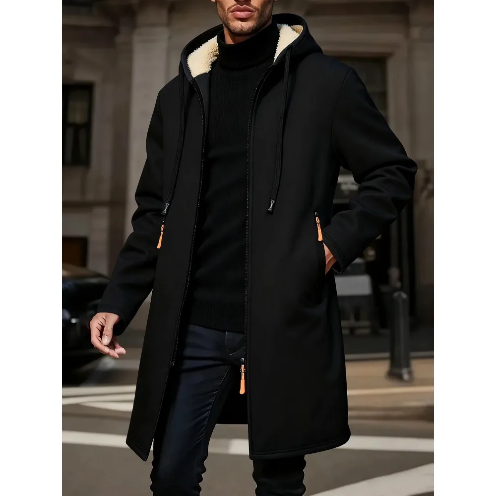 Abrigo largo cálido de invierno para hombre, chaqueta con cremallera, cortavientos con cremallera, abrigo grueso de lana a prueba de viento, chaqueta informal con capucha de Color contrastante
