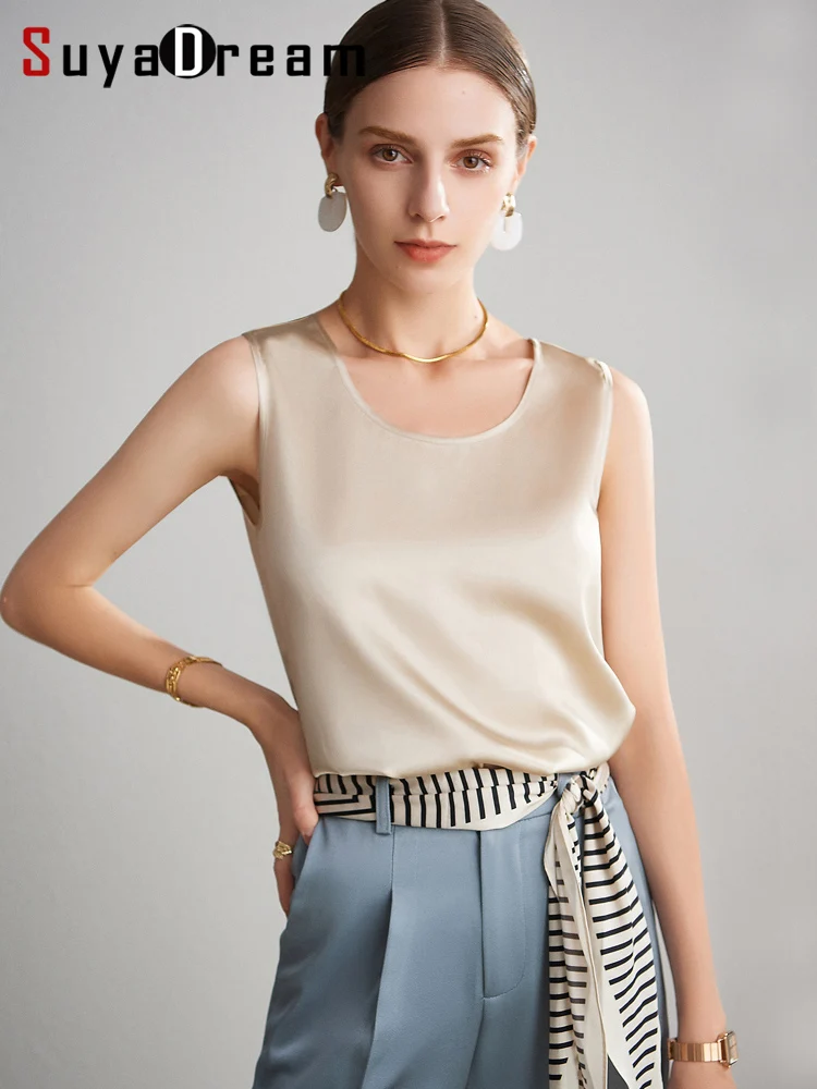 SuyaDream. Camisetas sin mangas básicas y acogedoras para mujer, 100% seda auténtica, camiseta elegante sin mangas con cuello redondo, chalecos de verano sólidos 2025, blanco, rosa, Beige