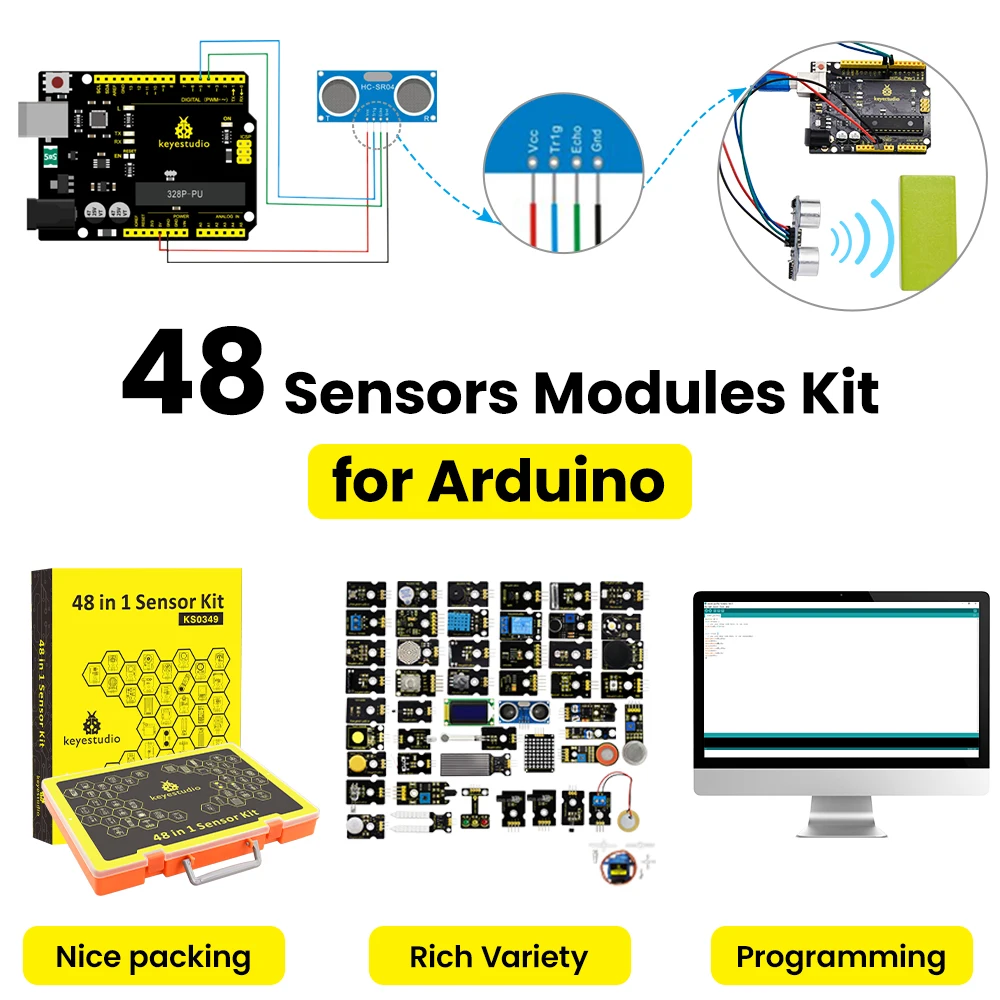 Kit de Iniciación con 48 Sensores Keyestudio para Arduino UNO/2560Mega, Kit Completo de Sensores para Proyectos DIY + 48 Códigos de Proyectos