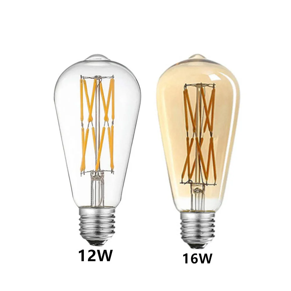 LED ST64 12W 16W DC 220V blanco cálido Yllow 2700K bombilla de filamento dorado E27 luz Vintage Edison lámpara Retro aspecto de vidrio dorado