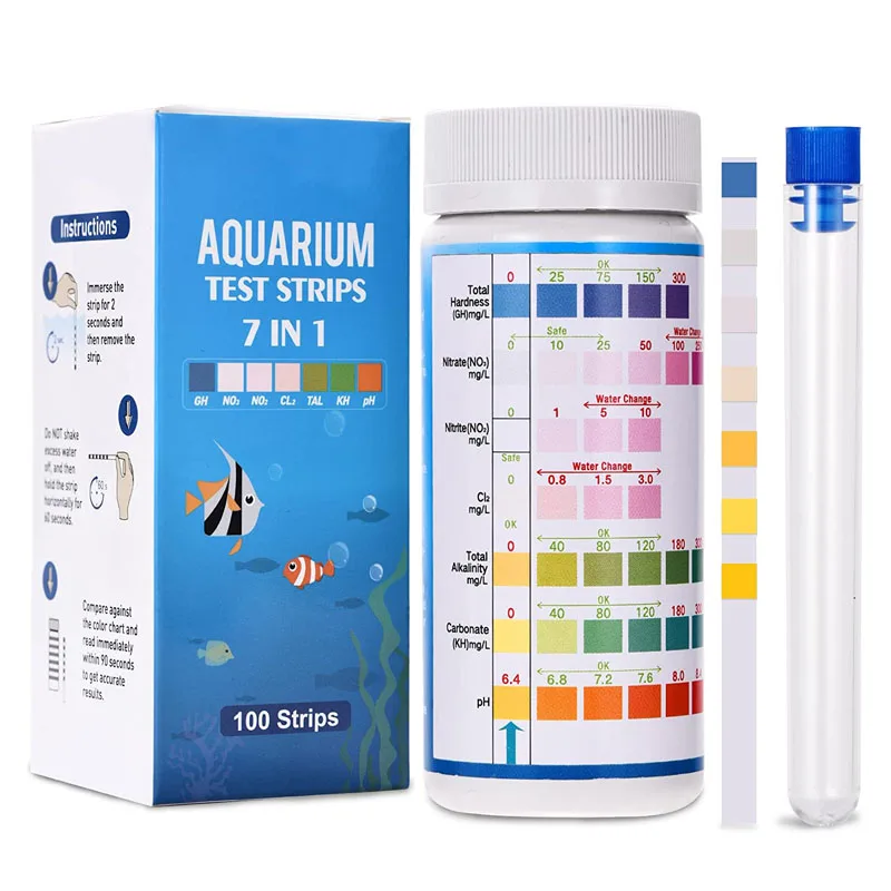 Tiras de prueba de acuario 7 en 1, Kit de prueba de tanque de peces de agua dulce y salada de 100 piezas para detectar PH NO3 NO2 GH KH CI TCL