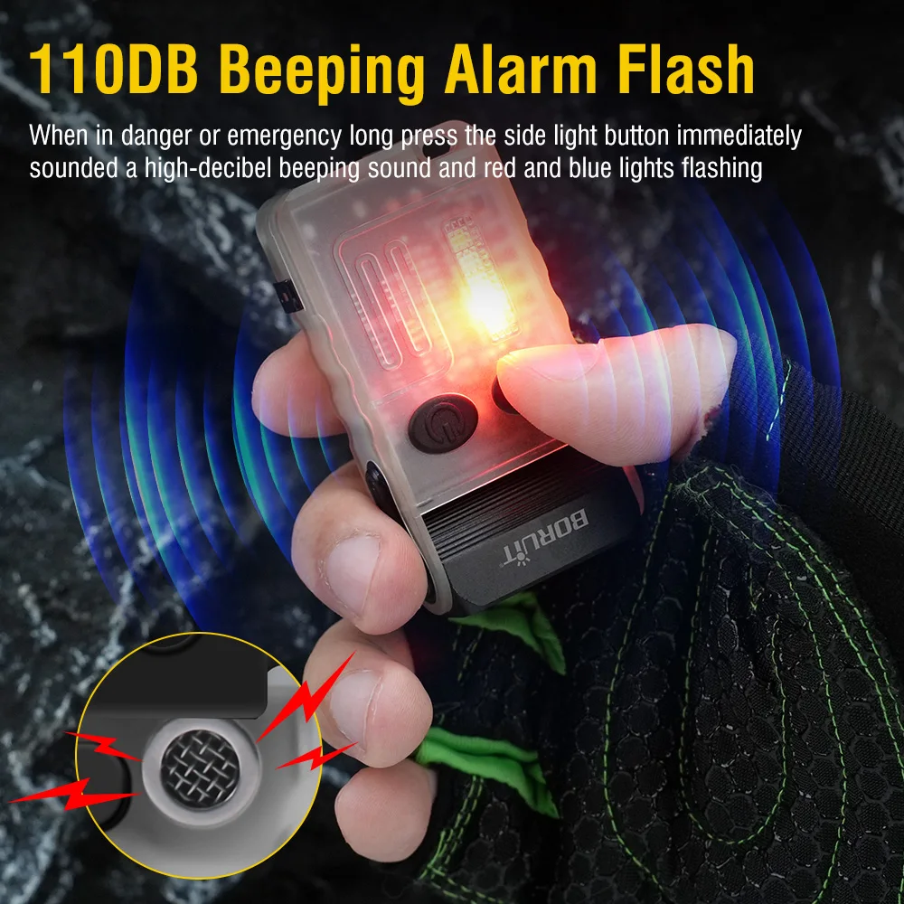 Llavero con linterna LED BORUiT V20 180 ° Clip de pitido magnético UV de rotación USB-C recargable Camping pesca antorcha alarma emergencia