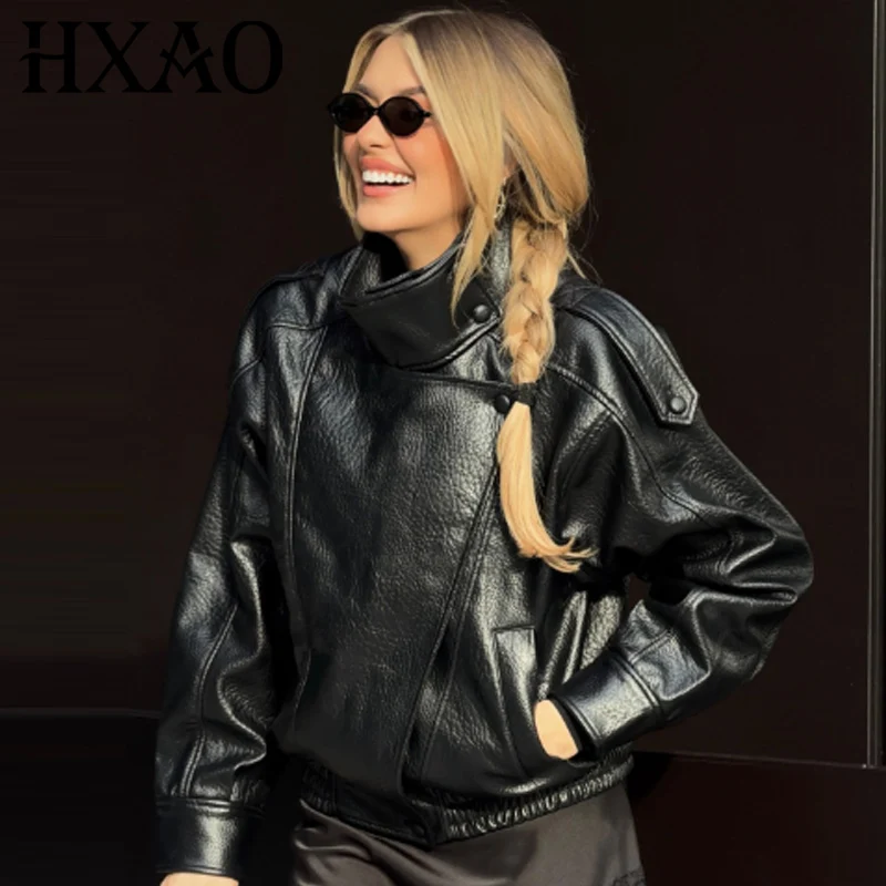 HXAO, recién llegado, chaqueta Bomber para mujer, chaquetas negras de cuero, prendas de vestir exteriores recortadas de gran tamaño, abrigos de manga larga con cremallera, chaqueta para exteriores