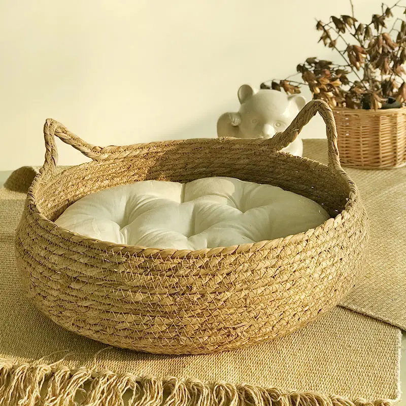 OUZEY-cesta tejida de mimbre para gatos, cama para gatos con cojín, suave y cálida, cama para cachorros y gatitos, Donut, redonda, cómoda, para dormir