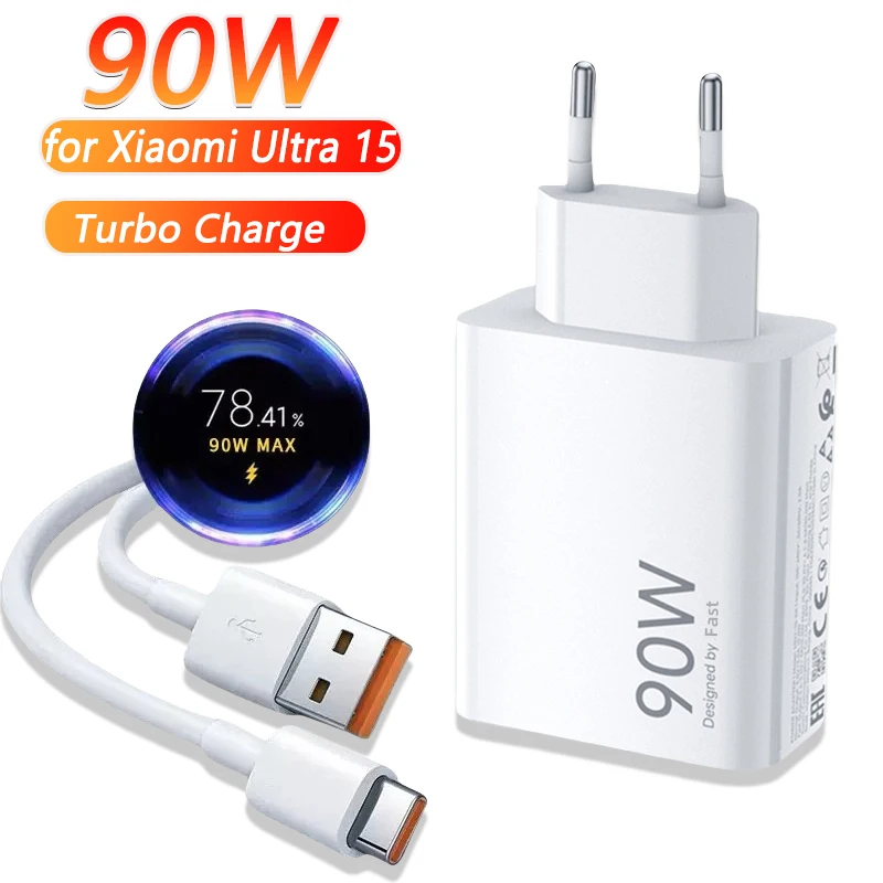 Cargador Rápido USB de 90W para Xiaomi 15 14 13 12 11 10 Ultra Note 12T 13 Pro Turbo, Cable de Carga USB Tipo C de Carga Rápida