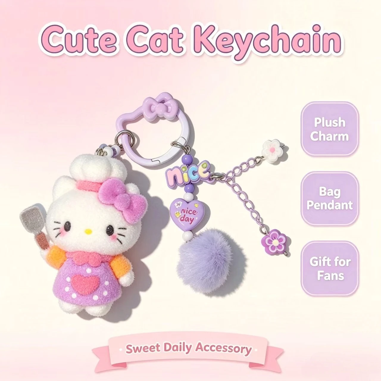 Llavero de moda con diseño de gato flocado, figura de chef adorable, accesorio para bolso, colgante de pompón, llavero de moda para mujer, regalo