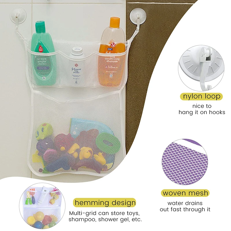 Juguetes de baño para Baby Shower, malla de almacenamiento de juguetes blanca para bebés y niños con fuertes ventosas, bolsa de juguetes, organizador de baño de red para niños pequeños