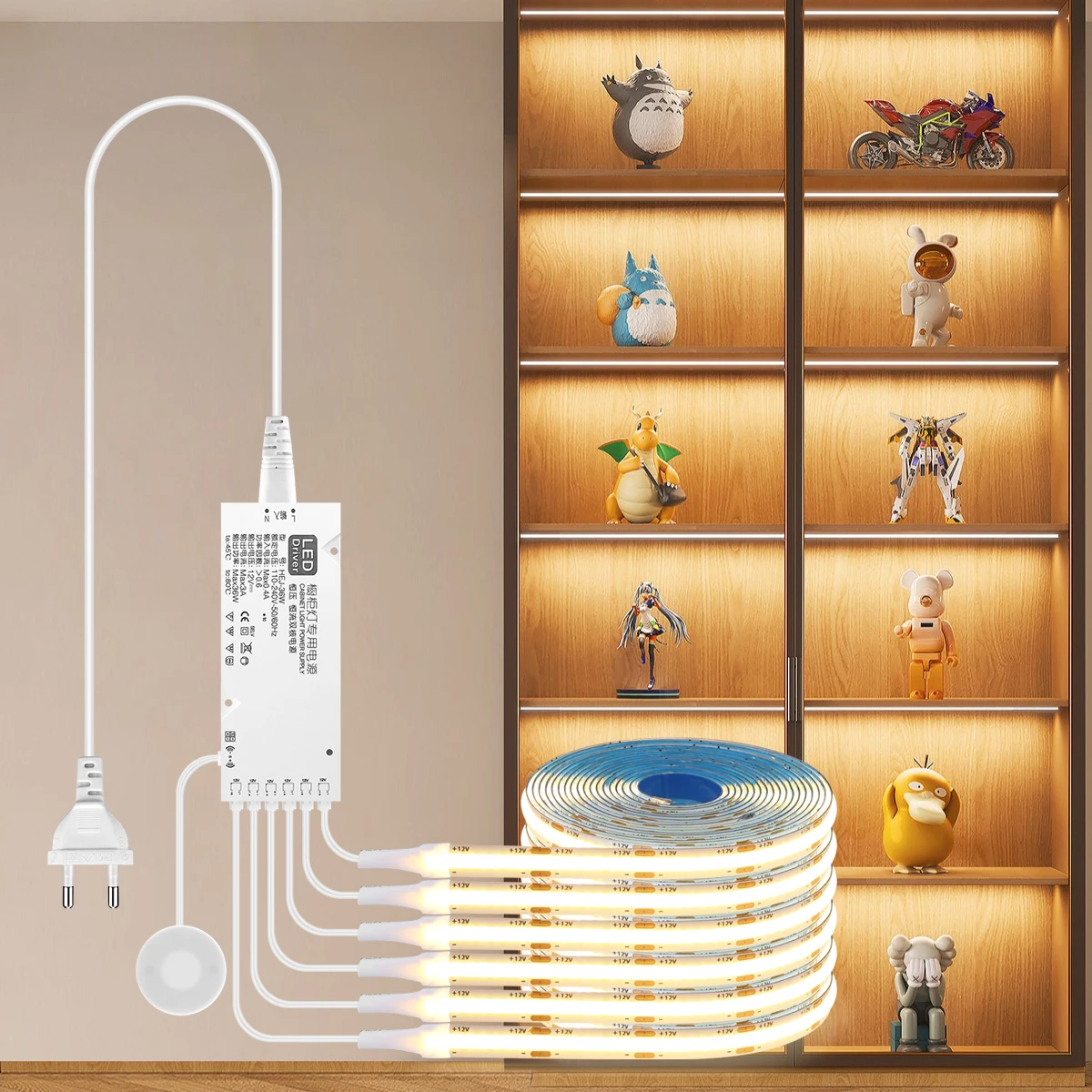 Tira de luces LED COB para debajo del gabinete, cinta de lámpara de armario, pantalla de colección, estantería, Sensor táctil regulable de madera Penetrable