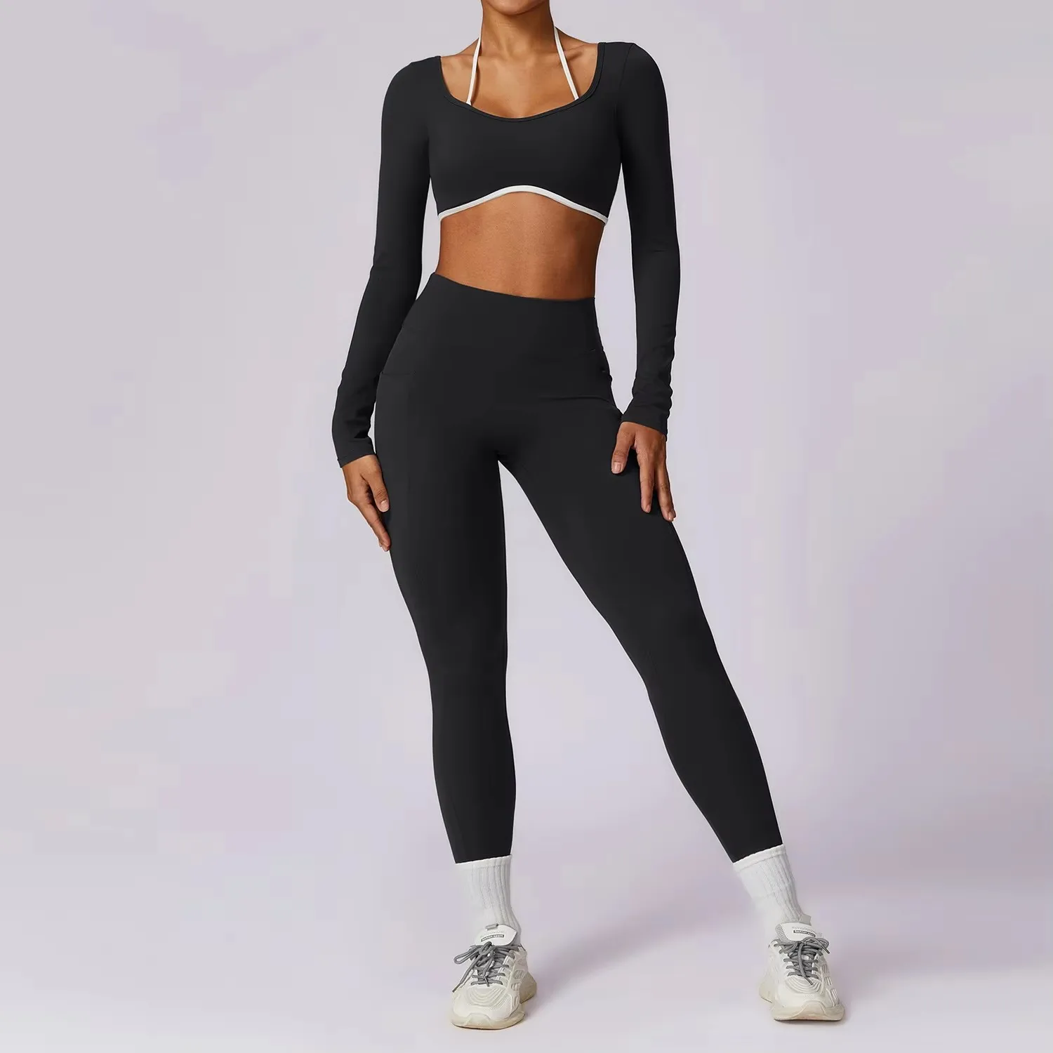 Conjunto de Yoga para mujer, ropa deportiva de realce, ropa de entrenamiento, mallas de gimnasio, sujetador de Fitness, Top corto, trajes deportivos de manga larga, 2 uds.