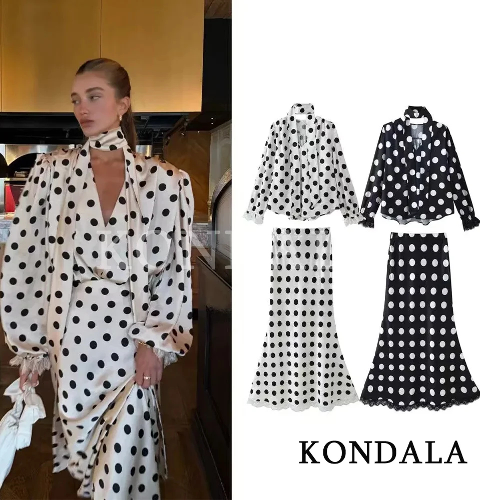 Conjunto de Falda con Estampado de Lunares de Moda para Mujer KONDALA, Camisa con Cuello de Bufanda y Escote en V, Falda Larga, Nueva Moda Primavera Verano 2026
