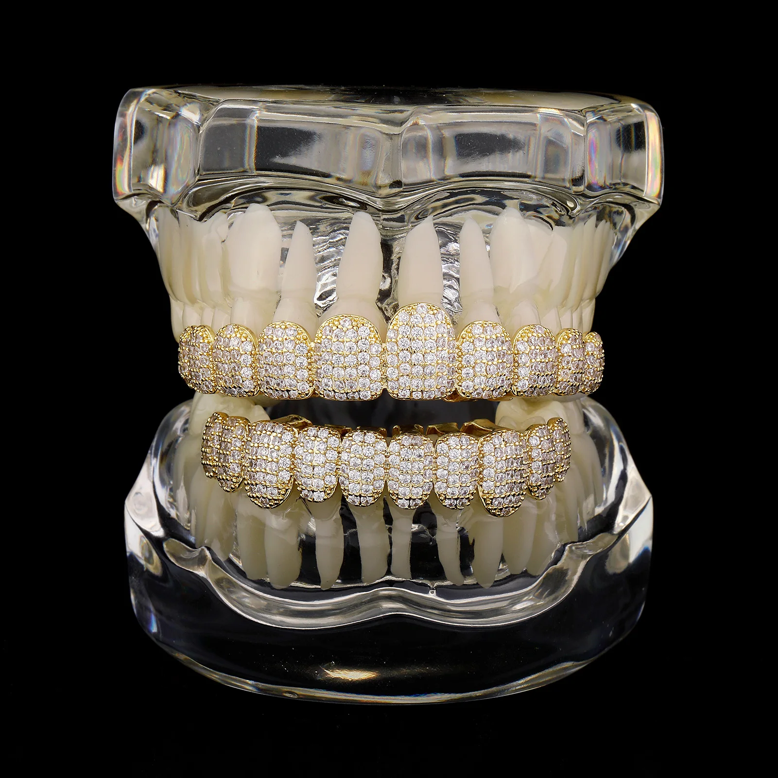 TOPGRILLZ Iced Out 10 parte superior y 10 parte inferior 5A CZ piedras dientes Grillz Punk rapero 14K chapado en oro tapas de dientes de circón para joyería bucal