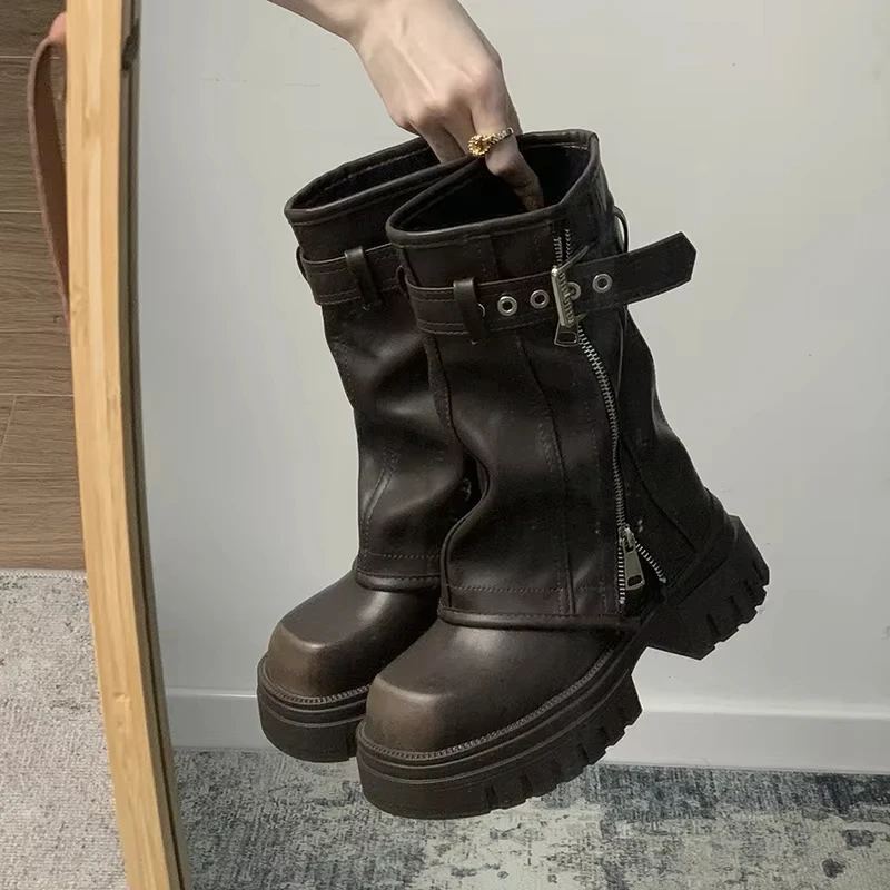 Botas de motociclista de invierno para mujer, botines planos de plataforma elegantes con hebilla de cinturón a la moda, botines de caballero informales para mujer
