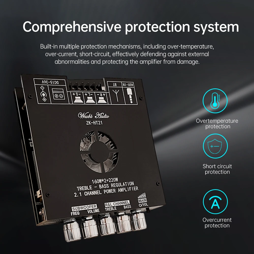 Módulo Amplificador Bluetooth HT21-3G de 2.1 Canales TDA7498E, Subwoofer 160Wx2+220V, Agudos y Bajos, Audio Wuzhi, Compatible con APP