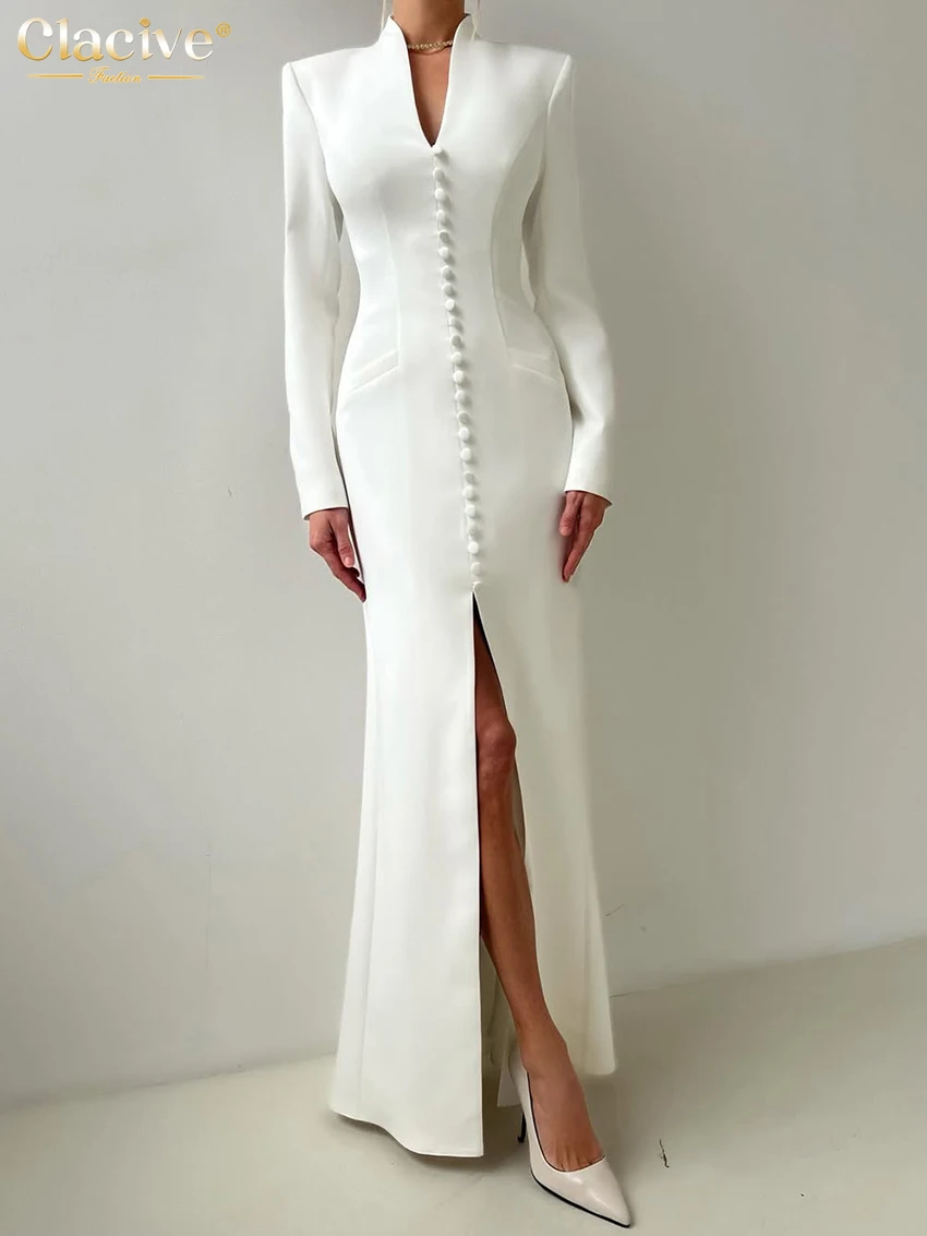 Clacive-vestido blanco ajustado para mujer, moda 2021, cuello en V, manga larga, hasta el tobillo, elegante, clásico, con abertura, para mujer