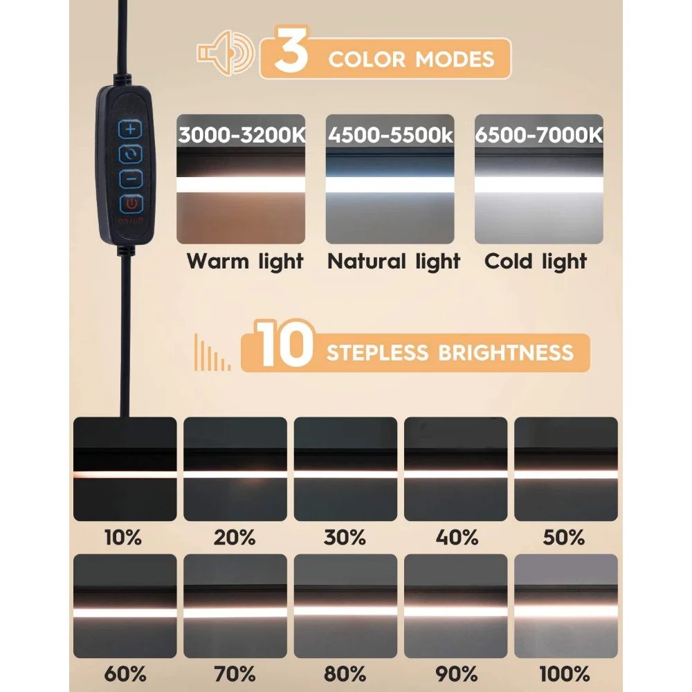 Lámpara de Escritorio LED de 10W con Pinza, Brazo Oscilante Ajustable, Luz de Mesa Regulable, 3 Modos de Color, 10 Niveles de Brillo, Cuidado de la Vista, USB, para Lectura