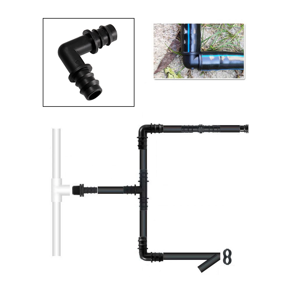 Codo de púas de 16mm, 20mm, 25mm, conector de 90 grados para microriego, tubería de PE, manguera, conexión por goteo, accesorio de riego de jardín