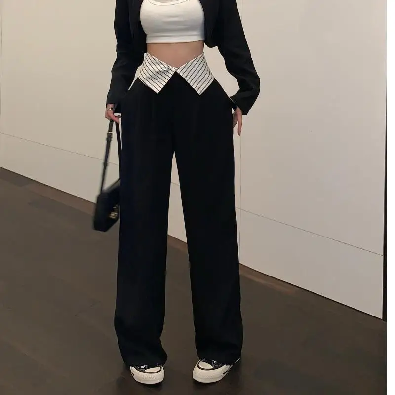 Pantalones negros de cintura alta para mujer, pantalones de piso colgantes, pantalones casuales sueltos de pierna ancha, nuevo estilo de otoño