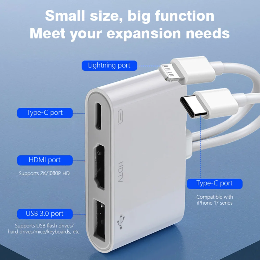 Adaptador Lightning/Tipo C a HDMI/USB A/Tipo C con Carga para iPhone 17 16 a TV 2K, Cable Digital AV HD para Sincronización de Pantalla