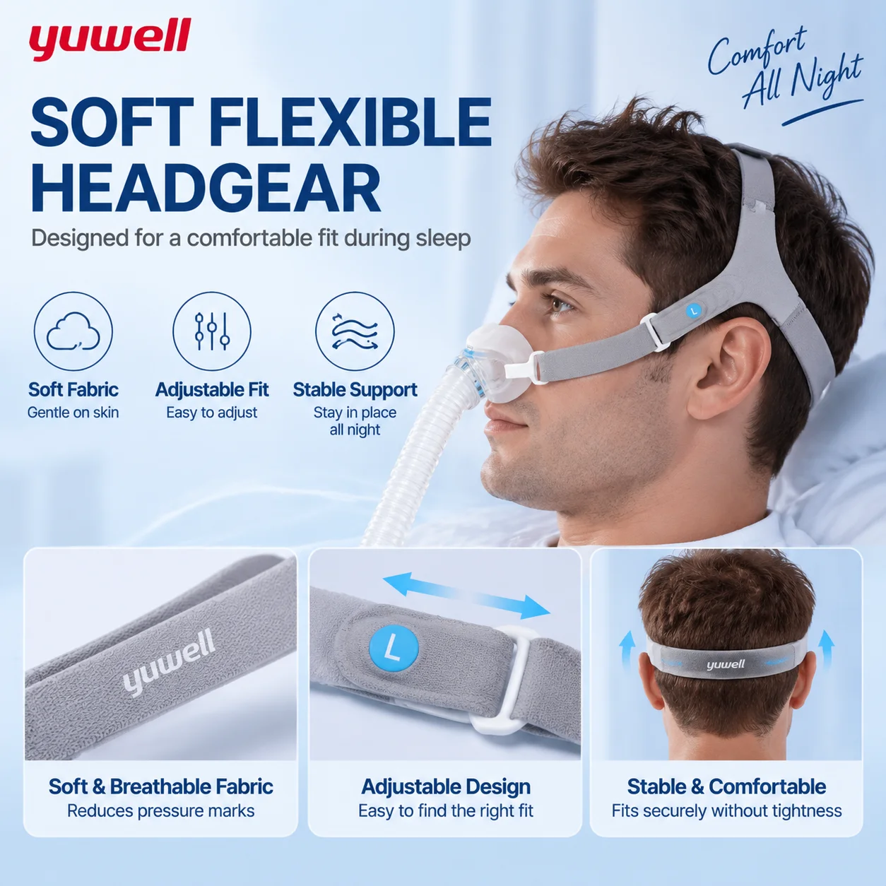 Yuwell YN-06: máscara nasal para CPAP con cojín de silicona suave, diseñada para tratar la apnea del sueño, con un diseño silencioso, tubo de 22 mm y arnés cómodo para el reemplazo.