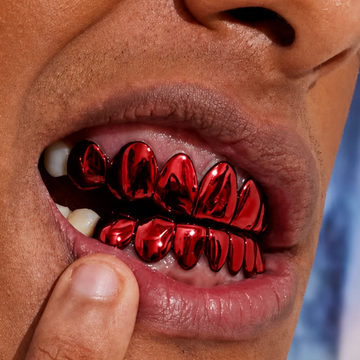 TOPGRILLZ Juego de Grillz Hip Hop Rojos Espejo, 2 Piezas, 8 Dientes, Parrillas Superiores e Inferiores, Joyería Y2K para Fiesta, Cosplay, Halloween, Hombres y Mujeres