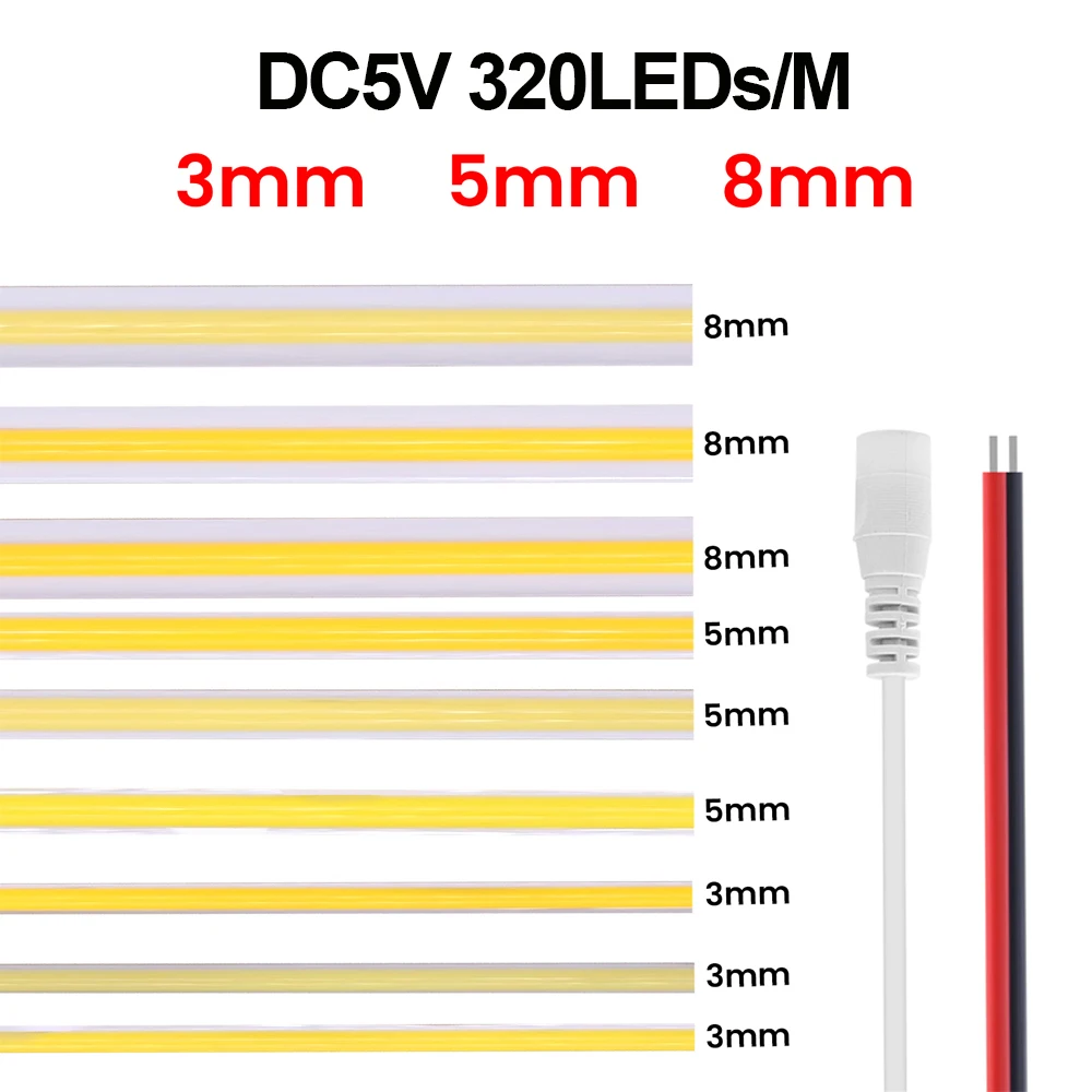 Tira COB de 5V, 12V, 3MM, 5MM, 8MM, barra de luz LED FOB, 320Leds/M, cinta Flexible de alta densidad, cinta de cuerda, luz de gabinete 3000K 4000K 6000K