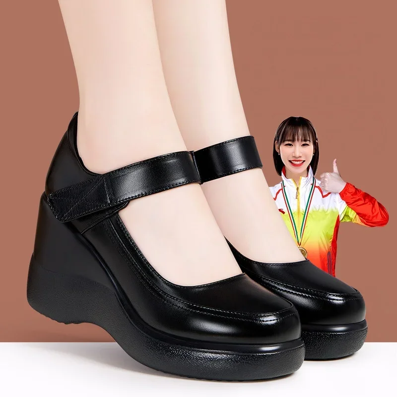 8cm transpirable cómodo poco profundo plataforma gruesa cuñas zapatos 2025 primavera zapatos de cuero genuino mujer tacones altos para mamá