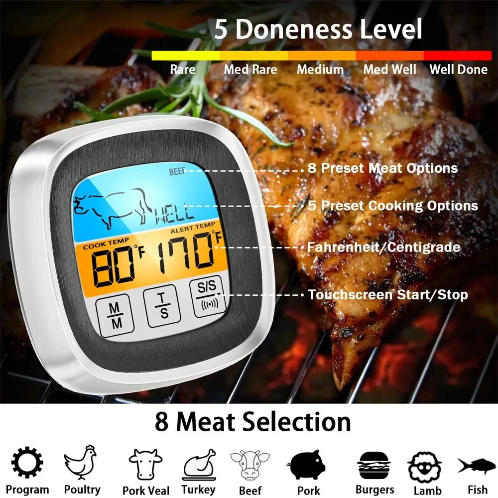 Termómetro Digital para cocina, sonda con pantalla táctil, herramienta de medición de temperatura de alimentos para barbacoa y carne, temporizador para barbacoa y carne, herramientas de cocina