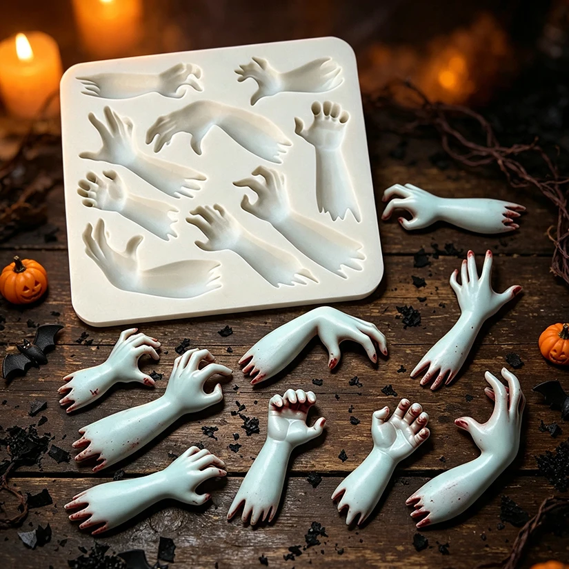 Molde de silicona de mano y brazo para Halloween, herramientas de resina para repostería, molde para hornear cupcakes, herramientas de decoración de pasteles de fondant